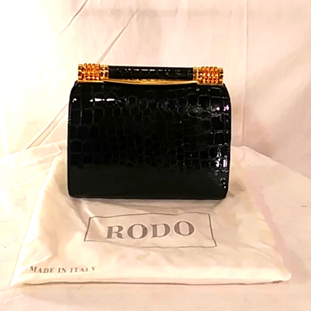 🔥 NWOT RODO (Italy) Black Reptile Leather & Gold Shoulder/Handbag